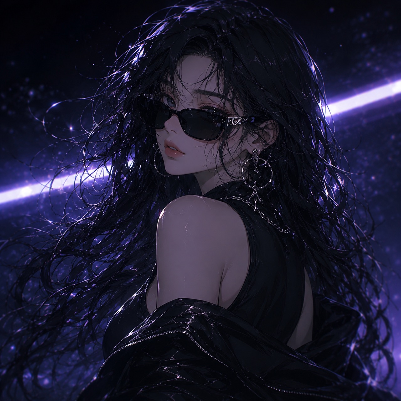 KYRA in sunglasses, standing in violet night light