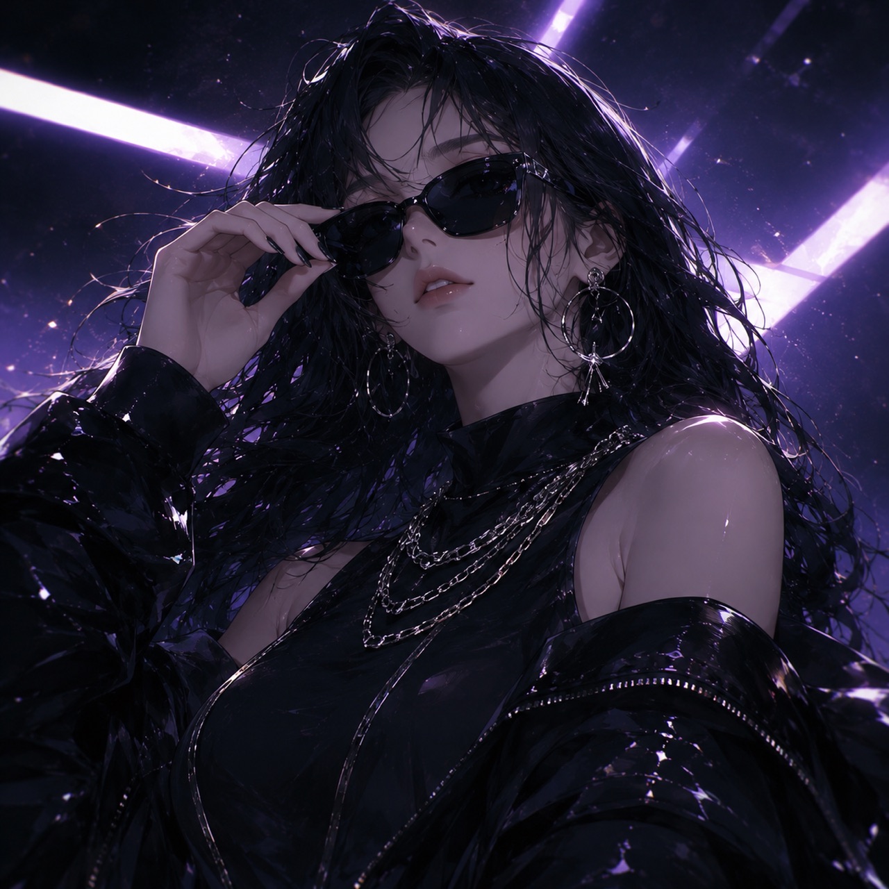 KYRA in sunglasses, standing in violet night light
