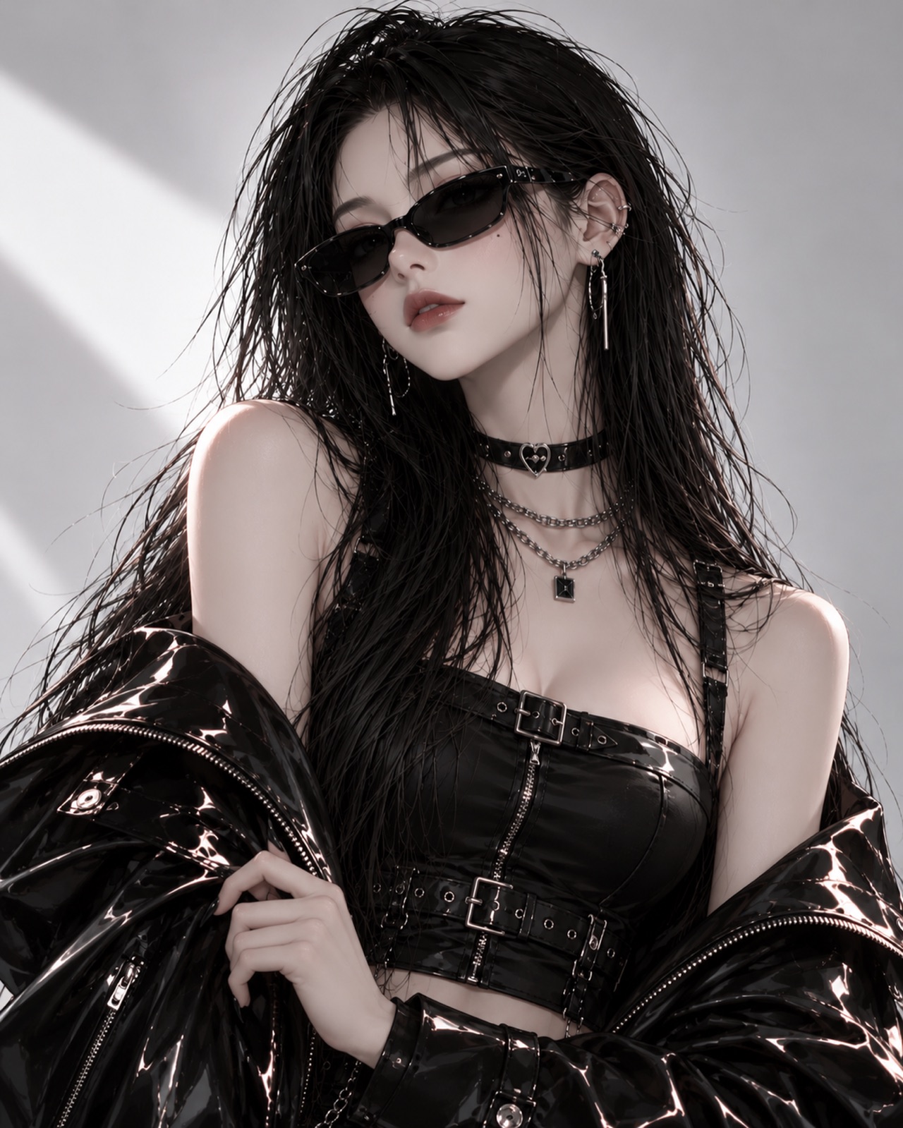 KYRA in sunglasses, turned slightly against pale light