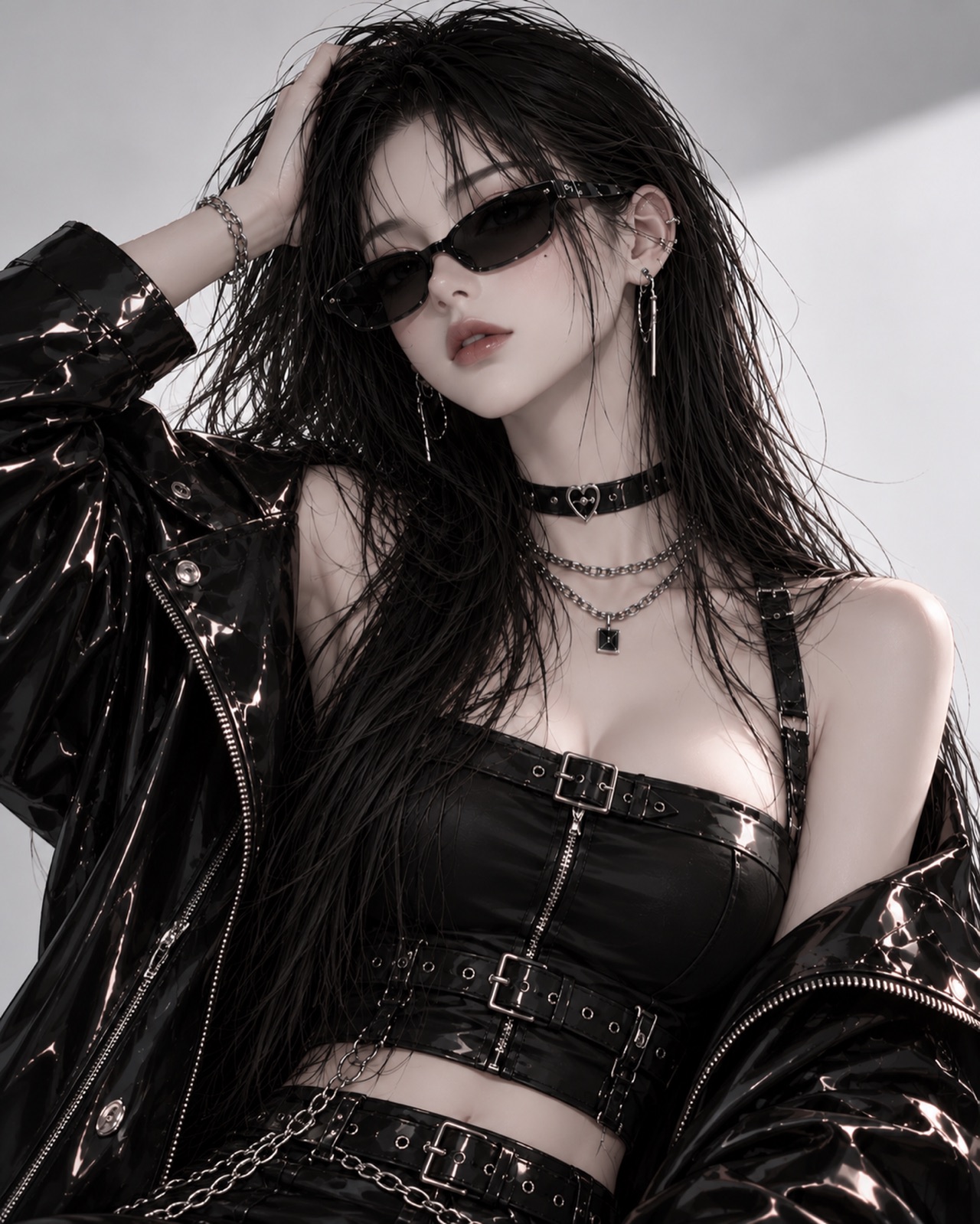 KYRA in sunglasses with one hand in her hair